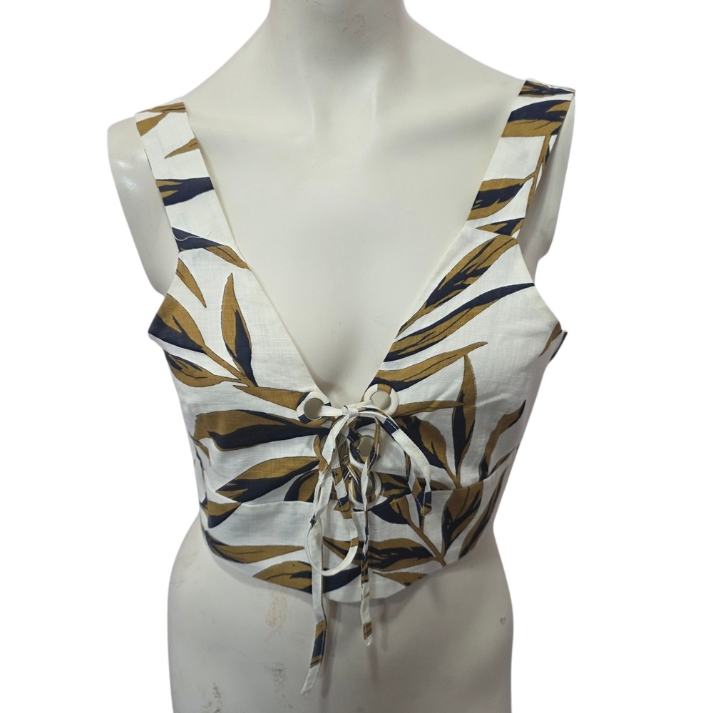 J.O.A Leaf Print Lace Up Crop Top Linen Blend Sleeveless Boho Ivory Brown L